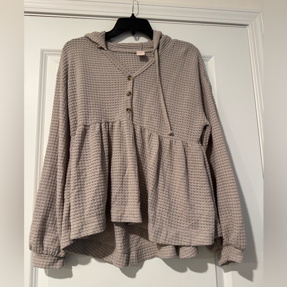 Waffle Knit Hooded Blouse